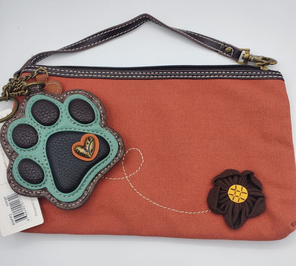 Chala Cotton Canvas Vegan Leather Clutch Purse - Brick Red, Teal Paw Print NWT